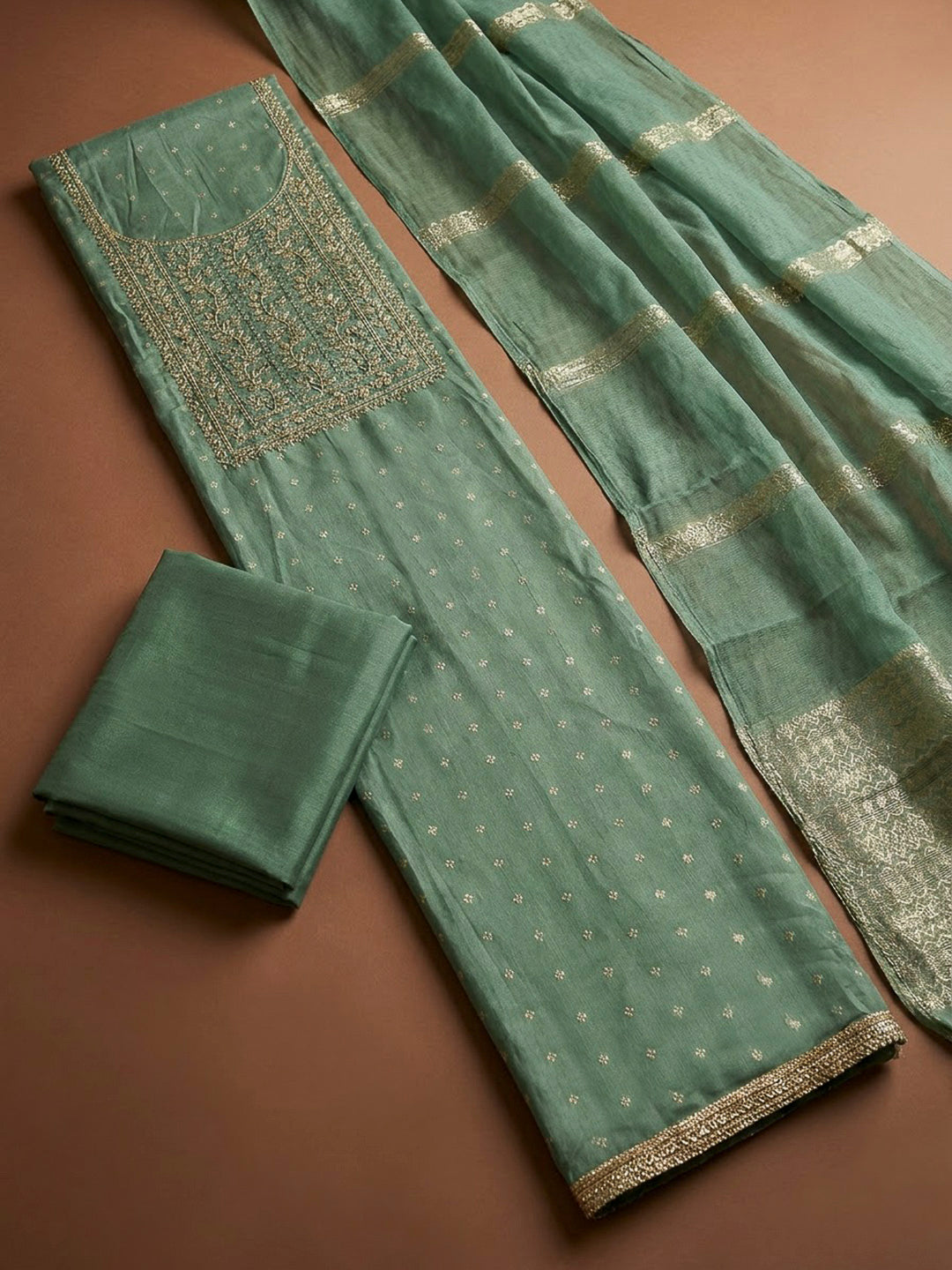 Aqua Green Chanderi Embroidered Unstitched Dress Material