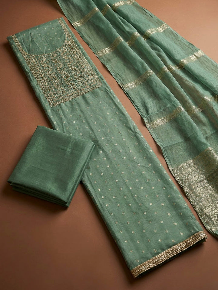 Aqua Green Chanderi Embroidered Unstitched Dress Material