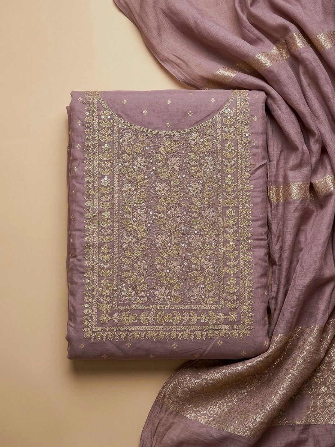 Lavender Chanderi Embroidered Unstitched Dress Material