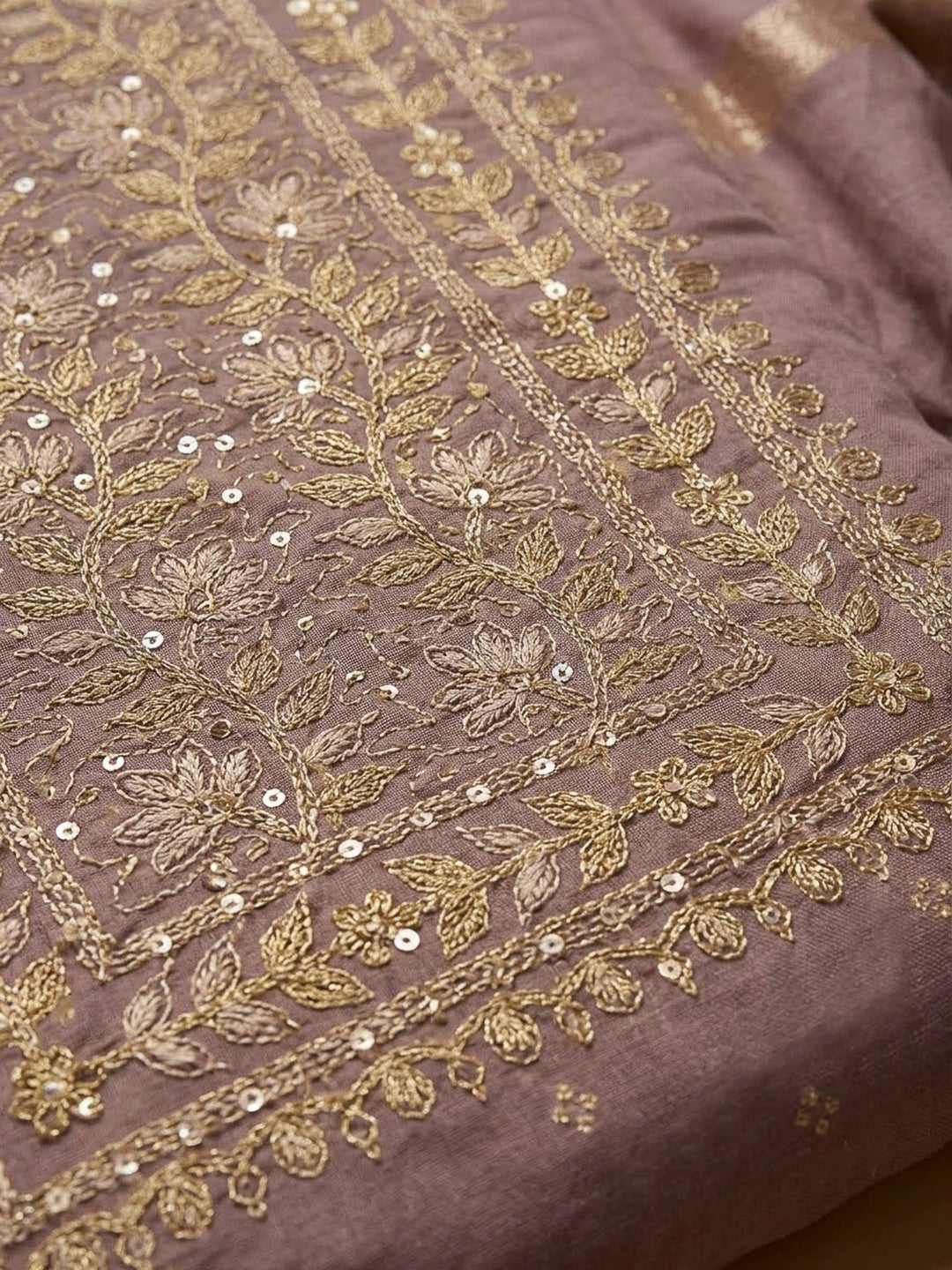 Lavender Chanderi Embroidered Unstitched Dress Material