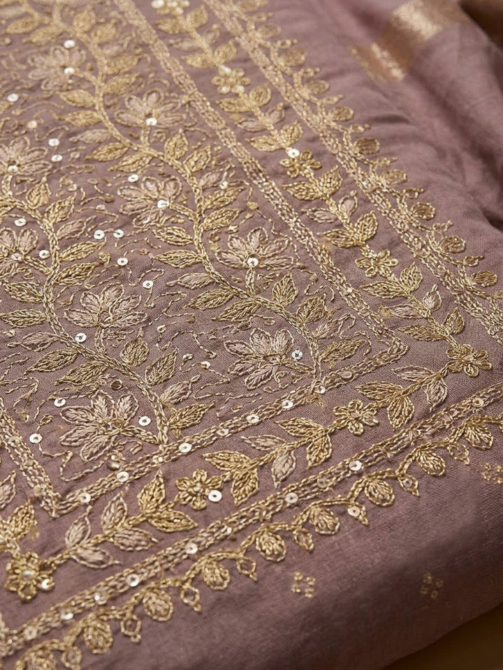 Lavender Chanderi Embroidered Unstitched Dress Material