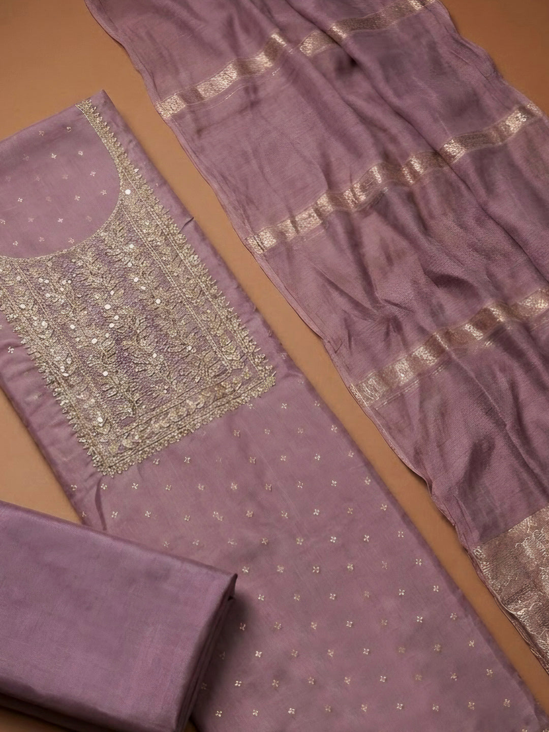 Lavender Chanderi Embroidered Unstitched Dress Material