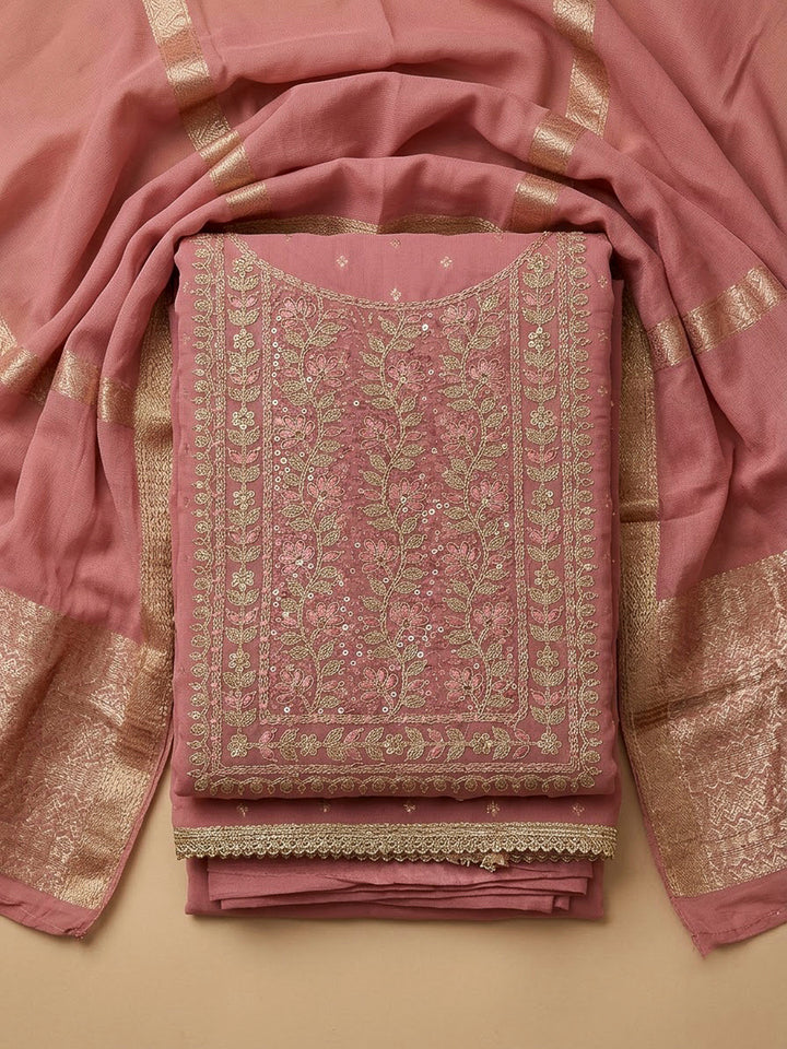 Pink Chanderi Embroidered Unstitched Dress Material