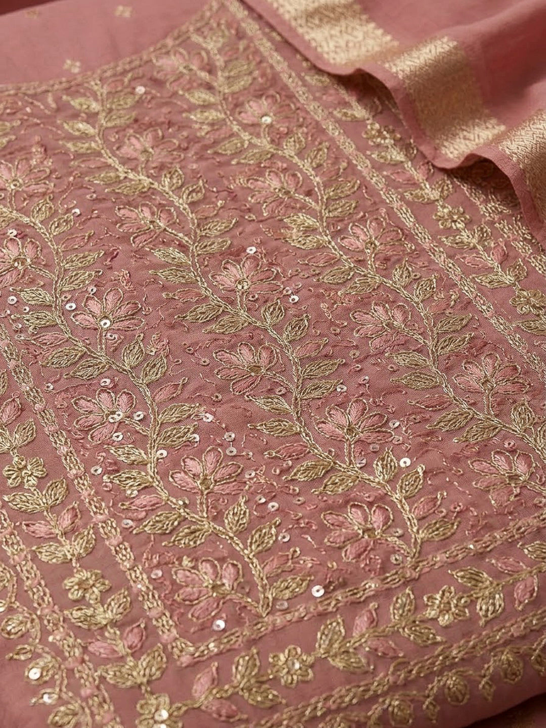 Pink Chanderi Embroidered Unstitched Dress Material