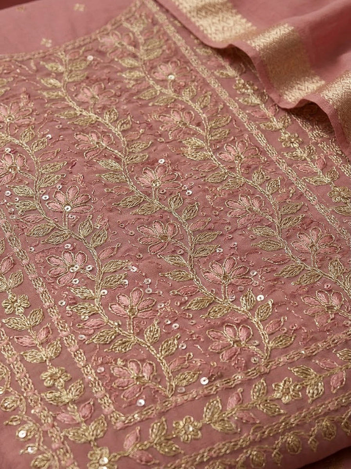 Pink Chanderi Embroidered Unstitched Dress Material