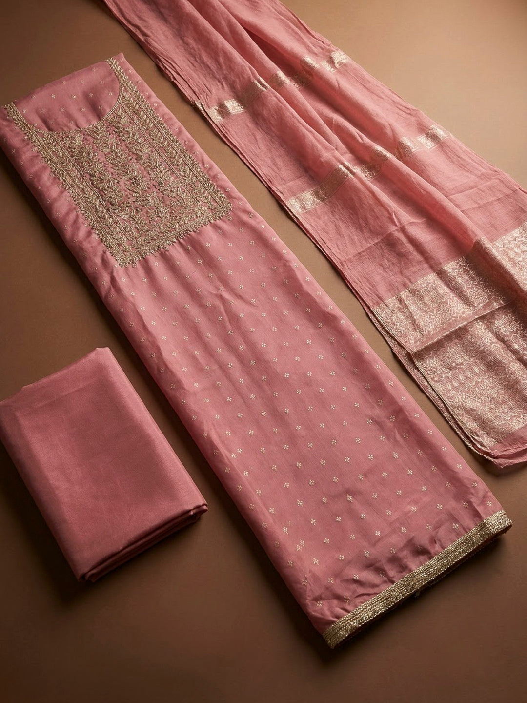 Pink Chanderi Embroidered Unstitched Dress Material