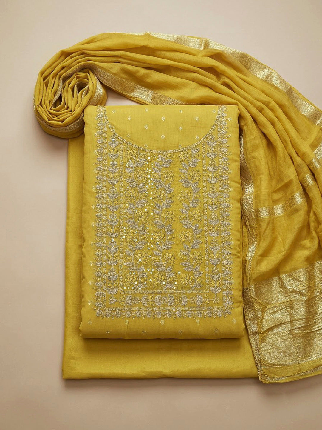 Yellow Chanderi Embroidered Unstitched Dress Material