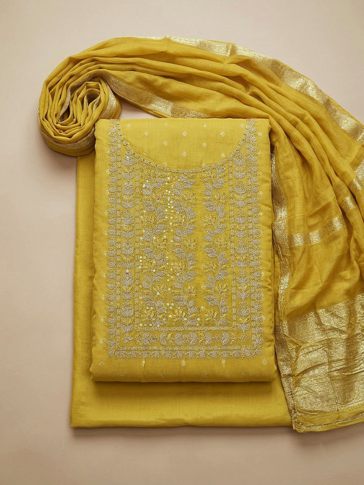 Yellow Chanderi Embroidered Unstitched Dress Material