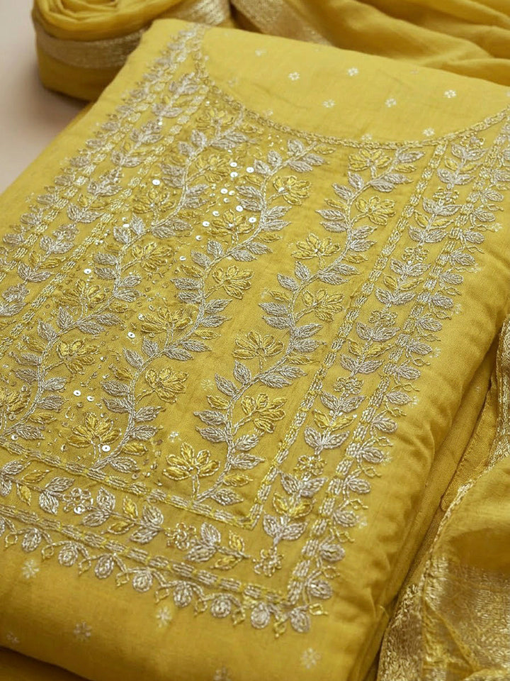 Yellow Chanderi Embroidered Unstitched Dress Material