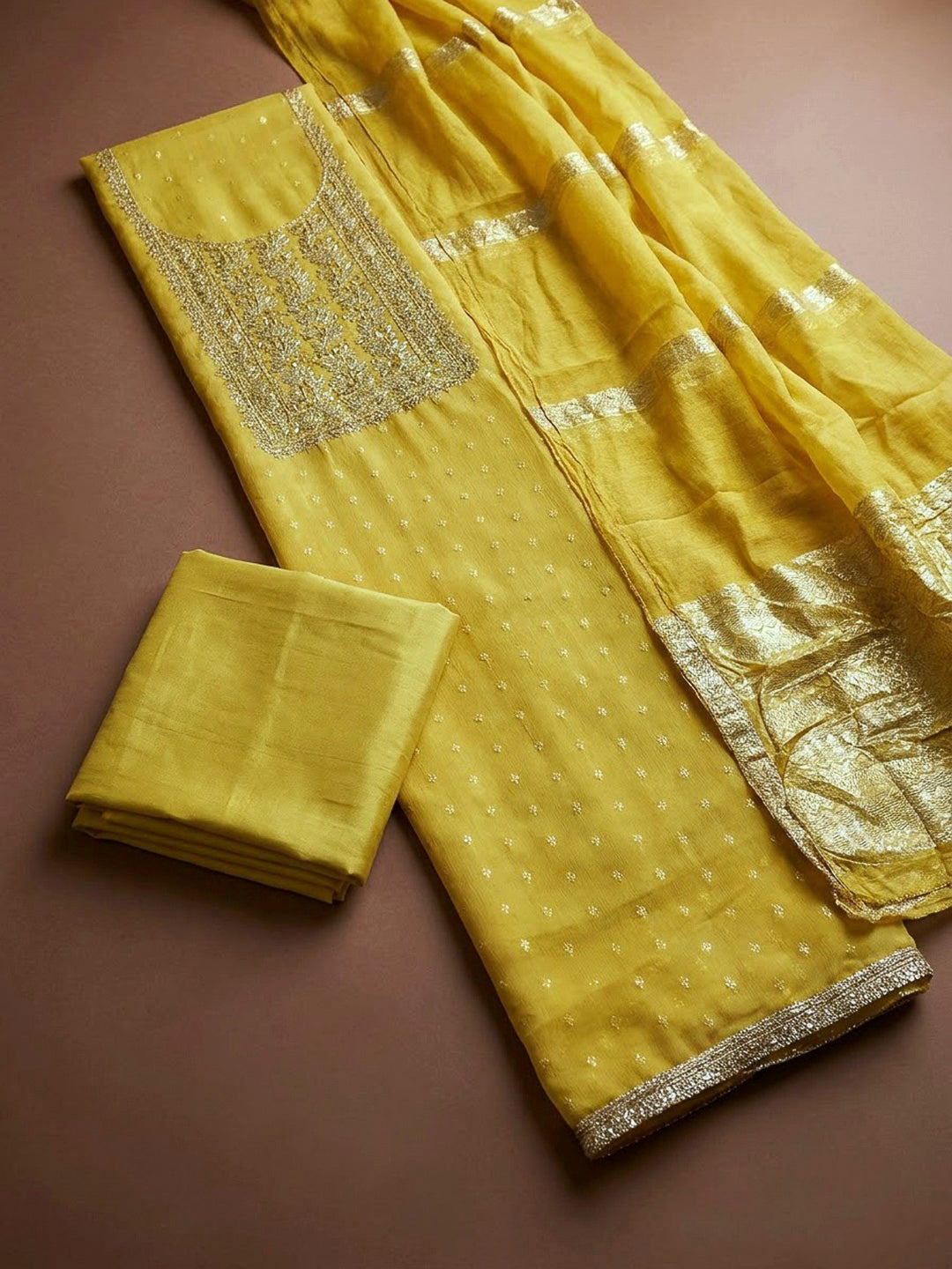 Yellow Chanderi Embroidered Unstitched Dress Material