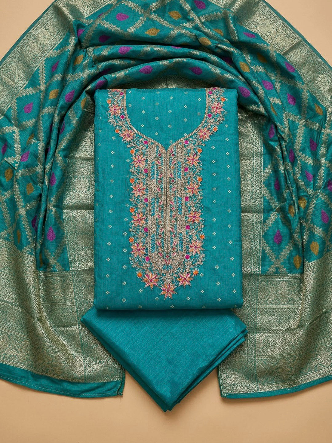 Blue Chanderi Embroidered Unstitched Dress Material