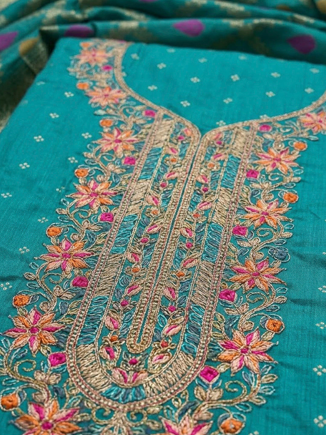 Blue Chanderi Embroidered Unstitched Dress Material