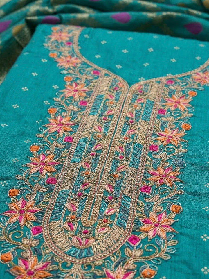 Blue Chanderi Embroidered Unstitched Dress Material
