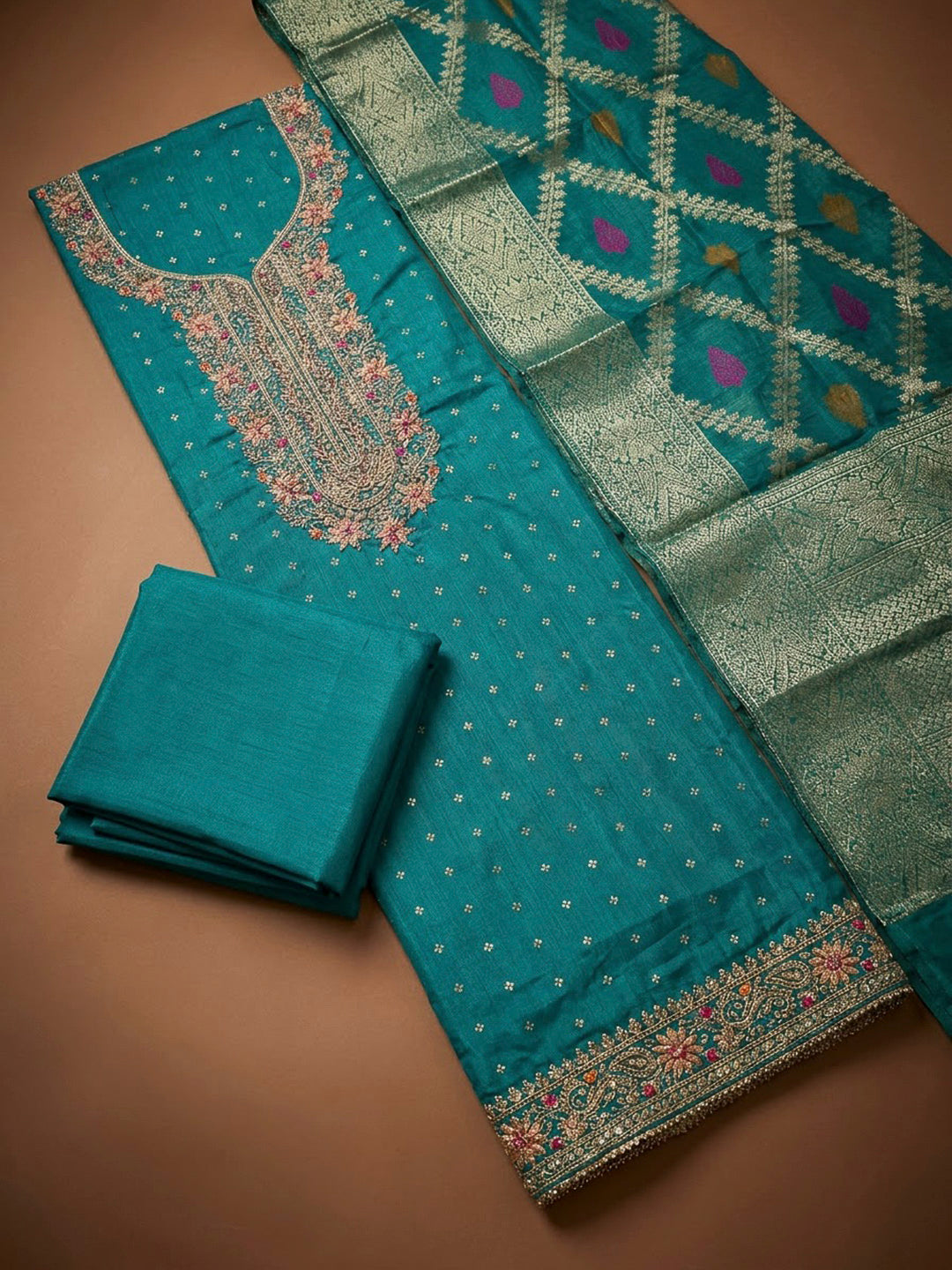 Blue Chanderi Embroidered Unstitched Dress Material