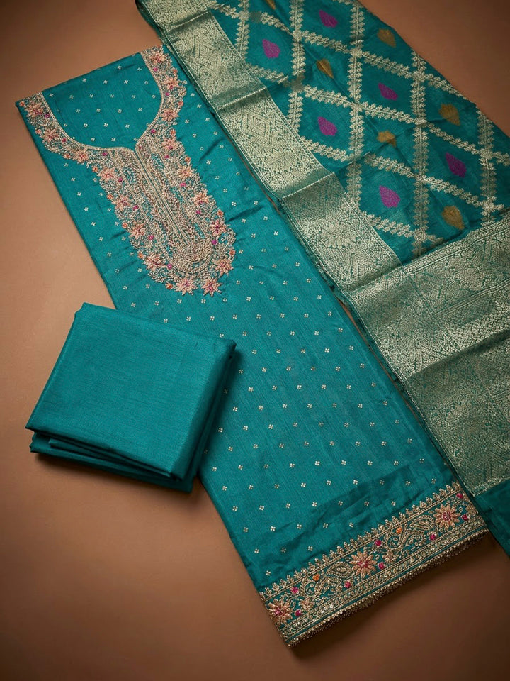 Blue Chanderi Embroidered Unstitched Dress Material