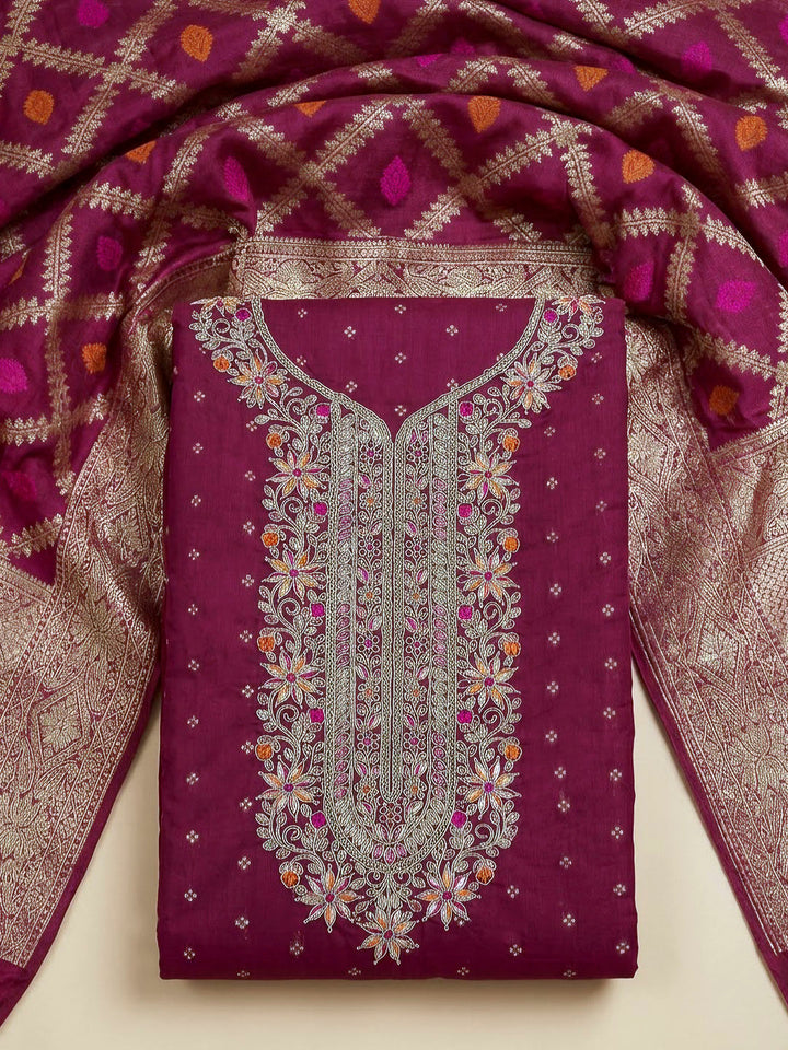 Magenta Chanderi Embroidered Unstitched Dress Material