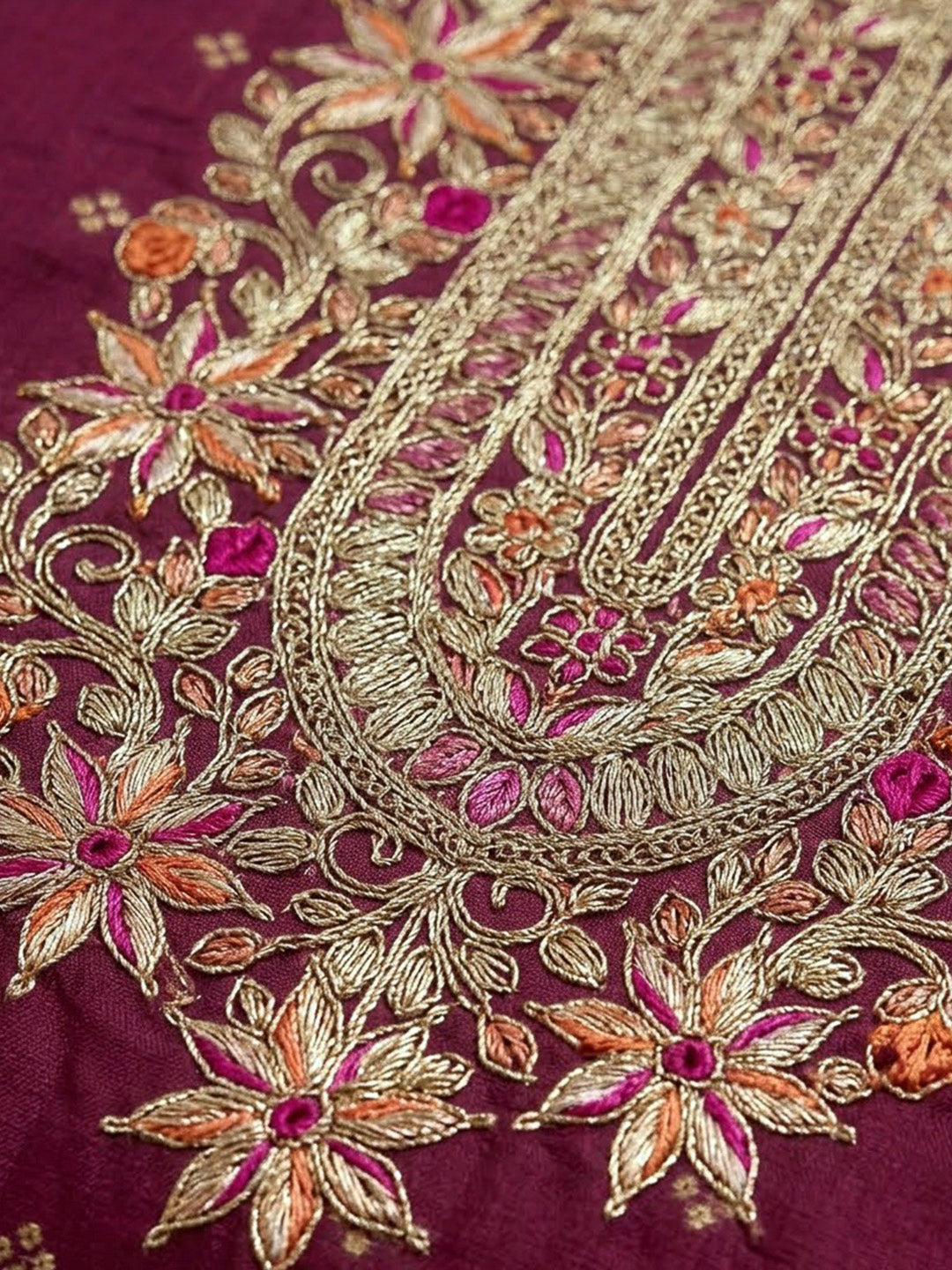 Magenta Chanderi Embroidered Unstitched Dress Material
