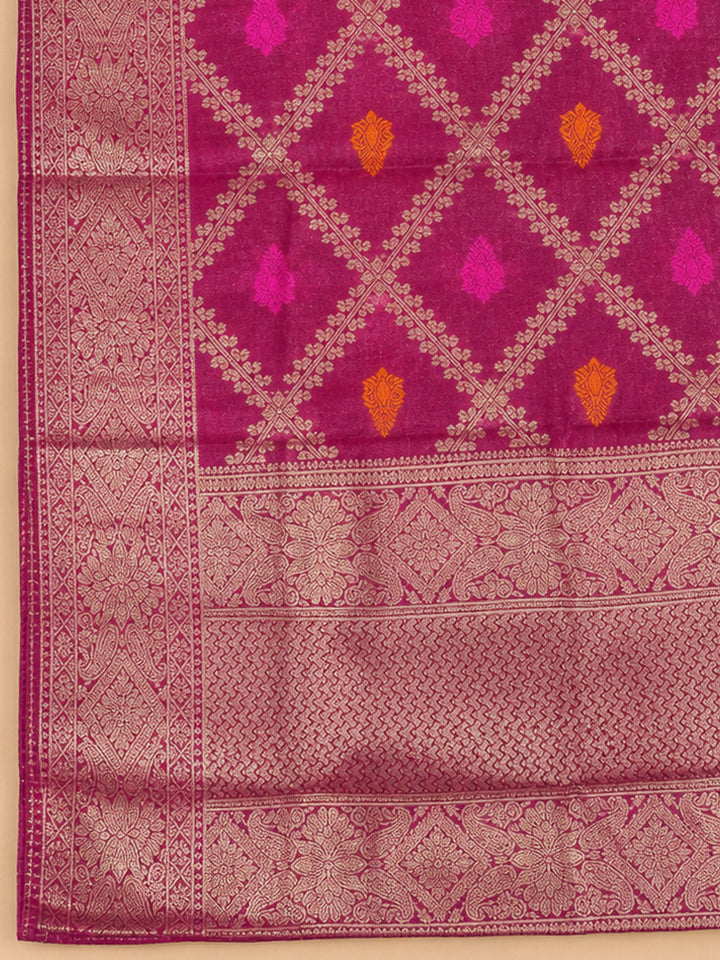 Magenta Chanderi Embroidered Unstitched Dress Material