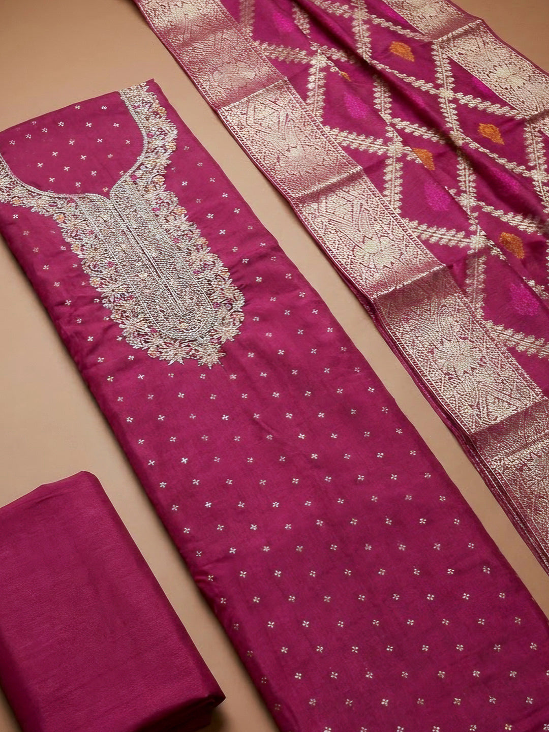 Magenta Chanderi Embroidered Unstitched Dress Material