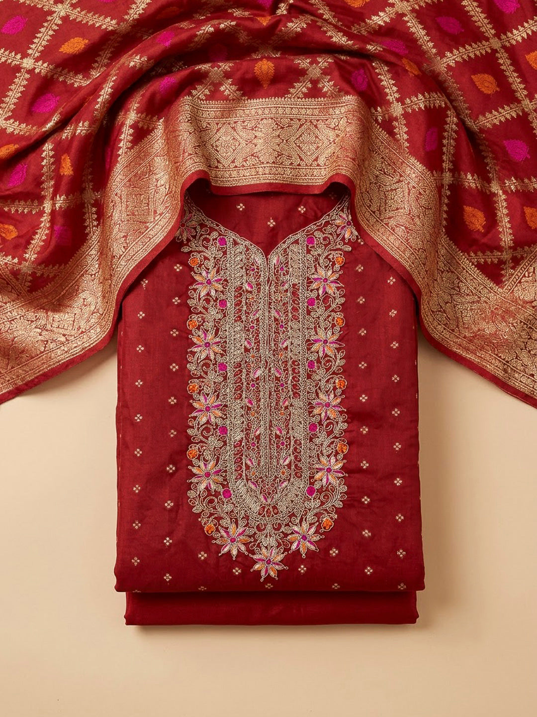 Maroon Chanderi Embroidered Unstitched Dress Material