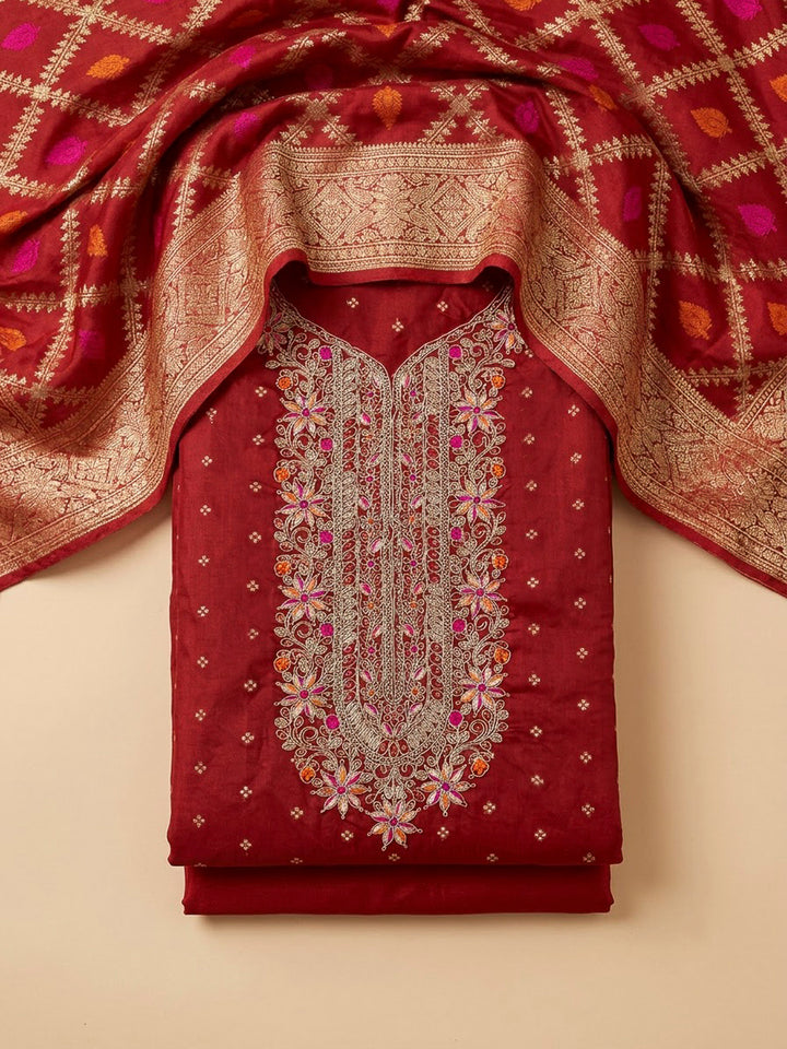 Maroon Chanderi Embroidered Unstitched Dress Material