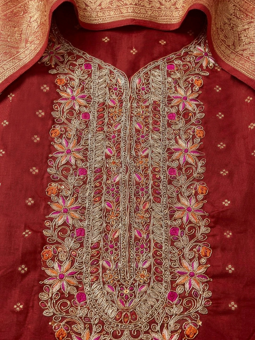 Maroon Chanderi Embroidered Unstitched Dress Material