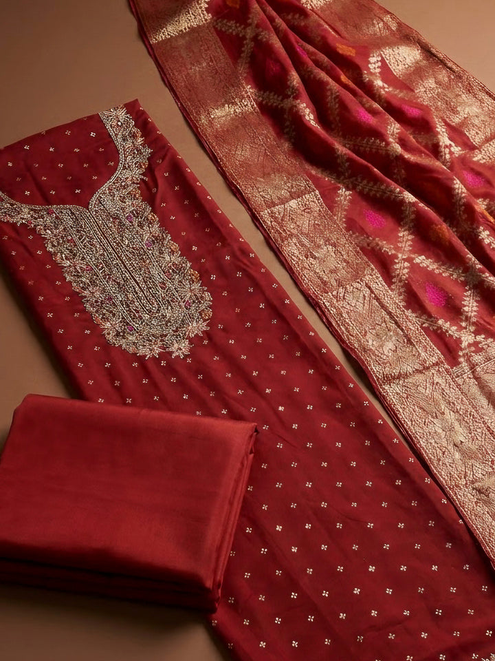 Maroon Chanderi Embroidered Unstitched Dress Material