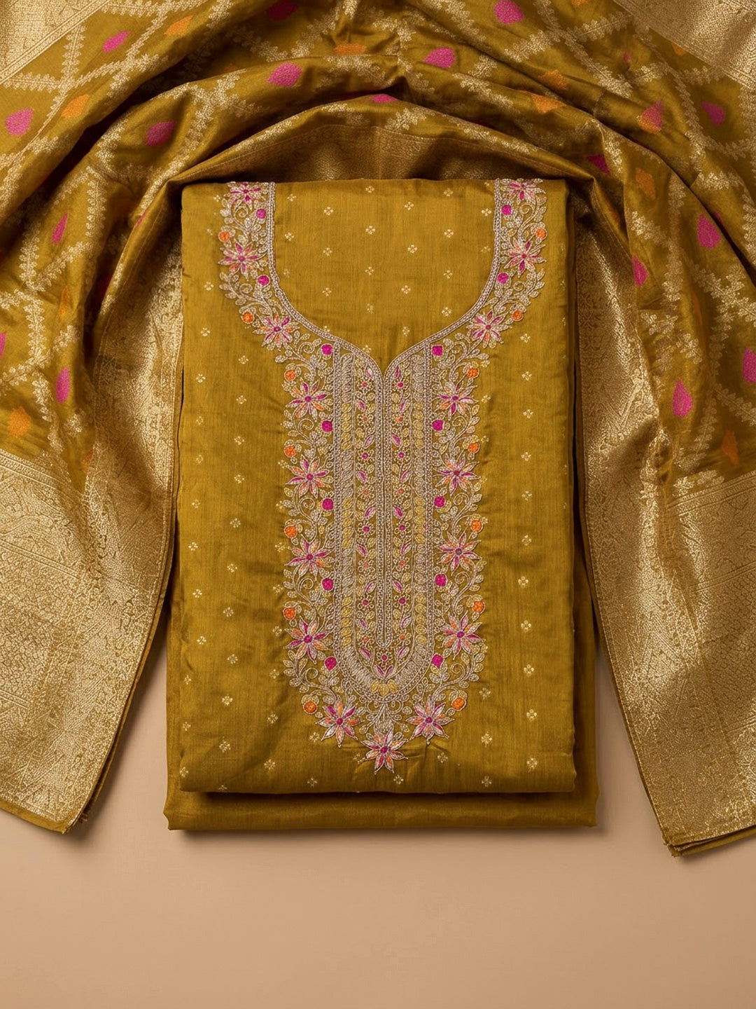 Mehndi Chanderi Embroidered Unstitched Dress Material