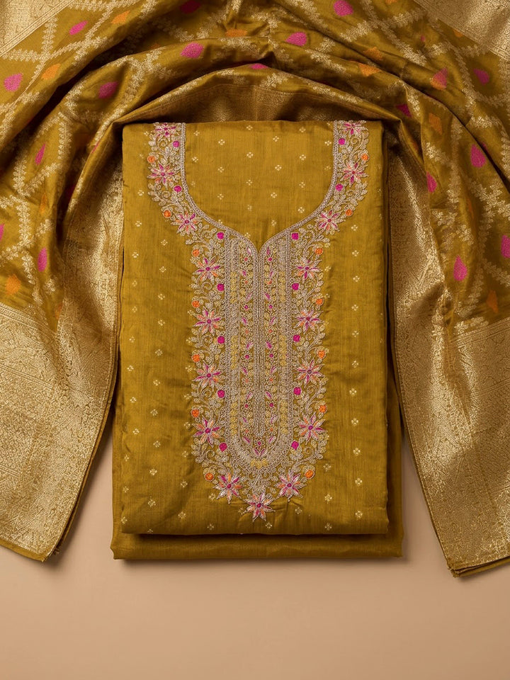 Mehndi Chanderi Embroidered Unstitched Dress Material