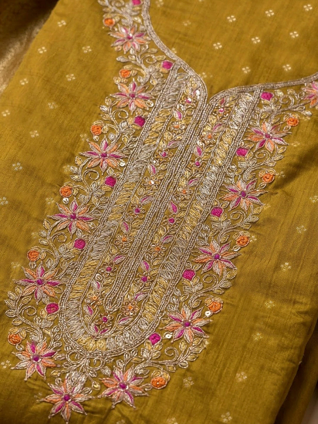 Mehndi Chanderi Embroidered Unstitched Dress Material