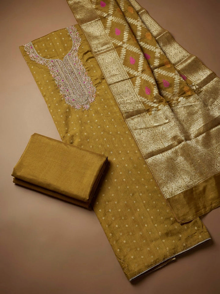 Mehndi Chanderi Embroidered Unstitched Dress Material
