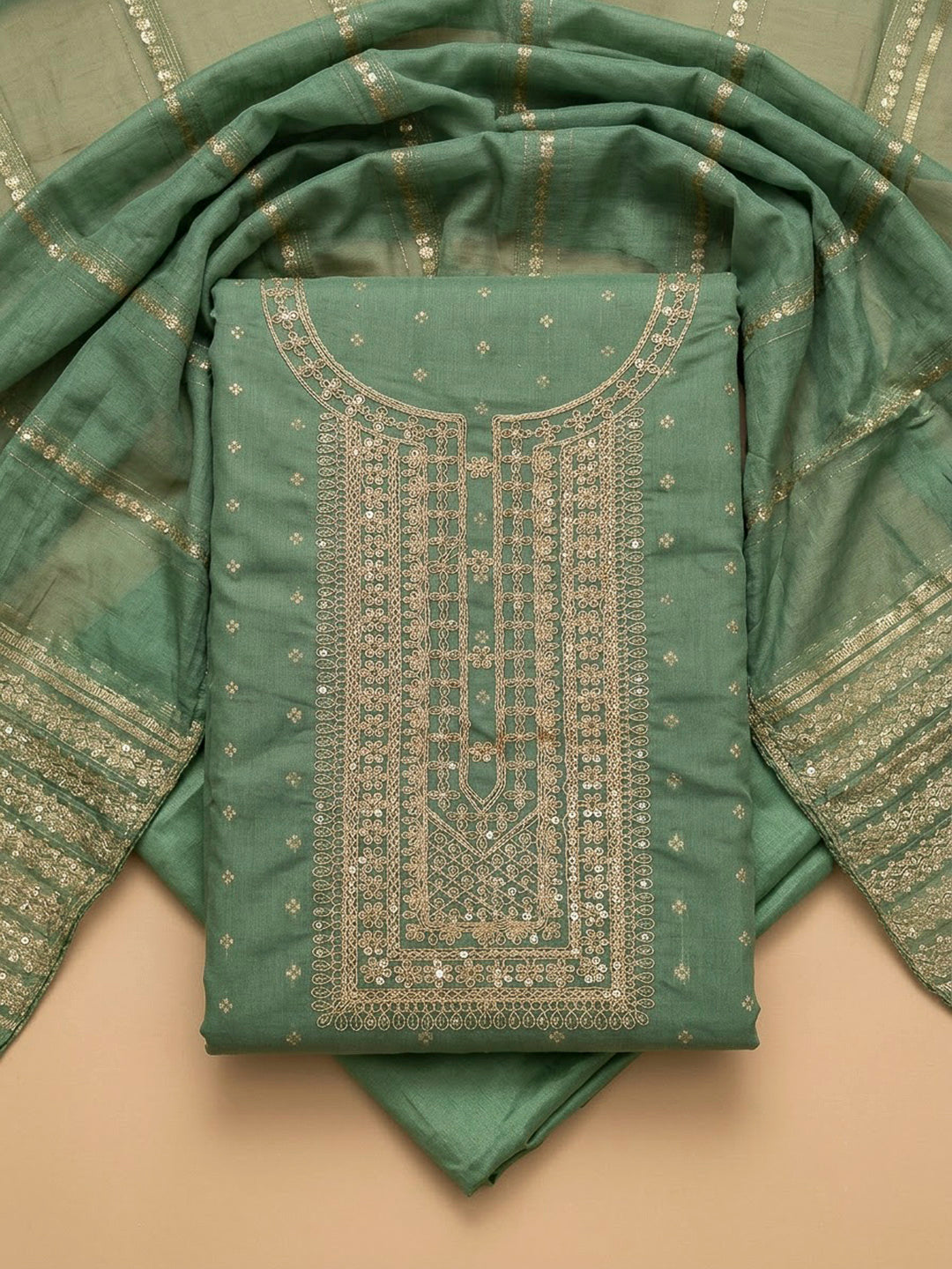 Aqua Green Chanderi Embroidered Unstitched Dress Material