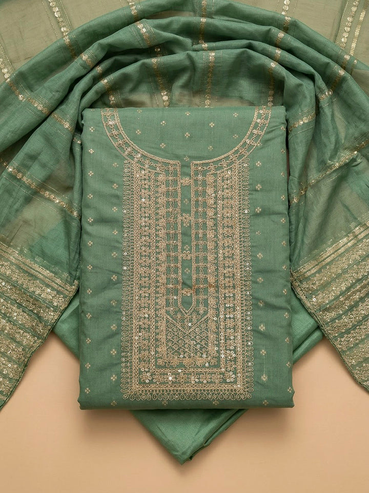 Aqua Green Chanderi Embroidered Unstitched Dress Material