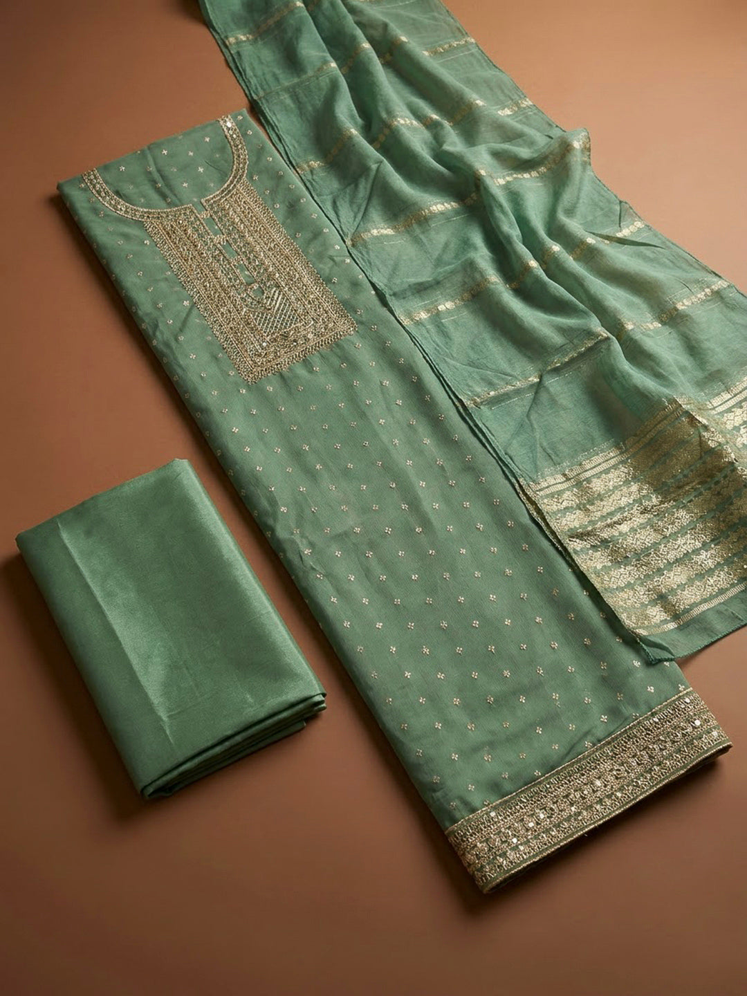 Aqua Green Chanderi Embroidered Unstitched Dress Material