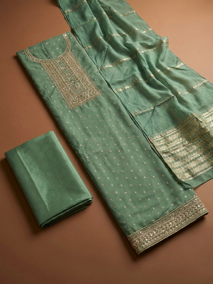 Aqua Green Chanderi Embroidered Unstitched Dress Material