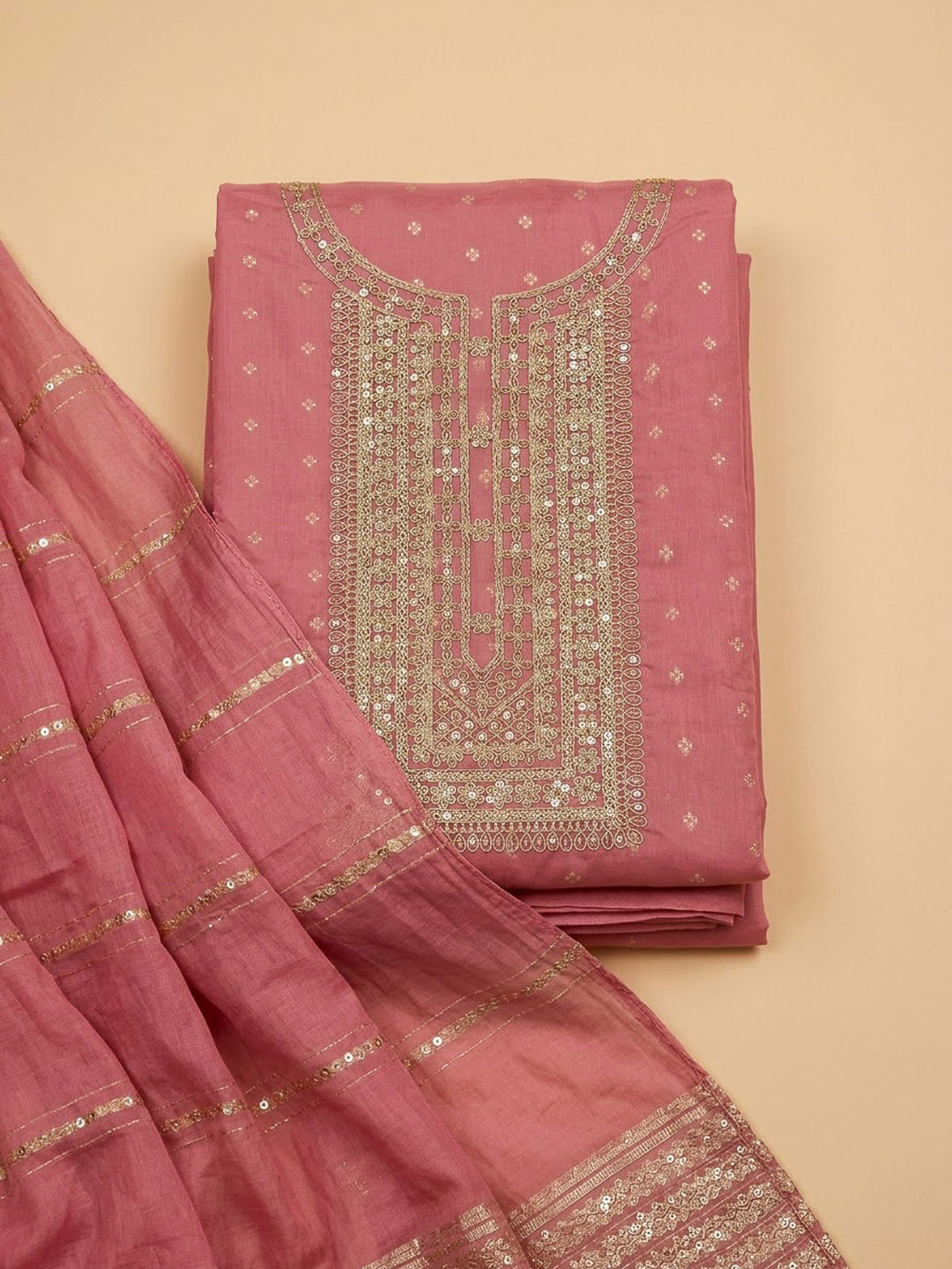 Pink Chanderi Embroidered Unstitched Dress Material