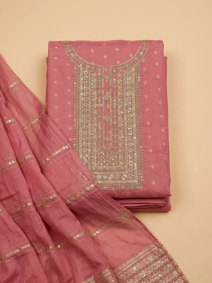 Pink Chanderi Embroidered Unstitched Dress Material