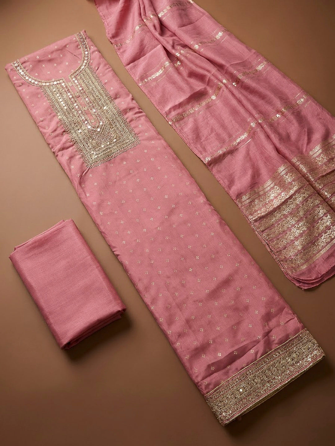Pink Chanderi Embroidered Unstitched Dress Material