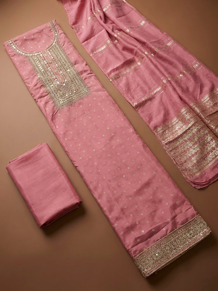 Pink Chanderi Embroidered Unstitched Dress Material