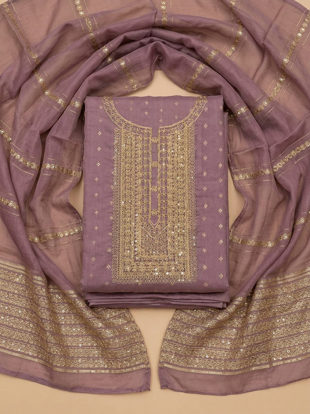 Purple Chanderi Embroidered Unstitched Dress Material