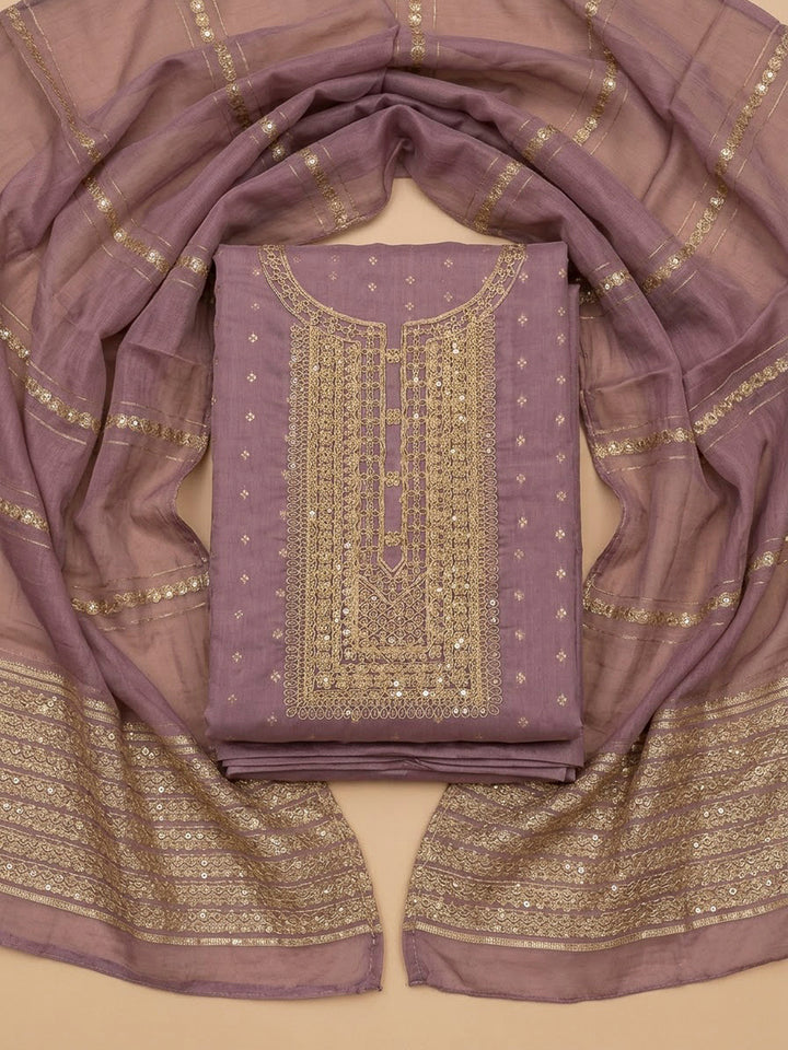 Purple Chanderi Embroidered Unstitched Dress Material