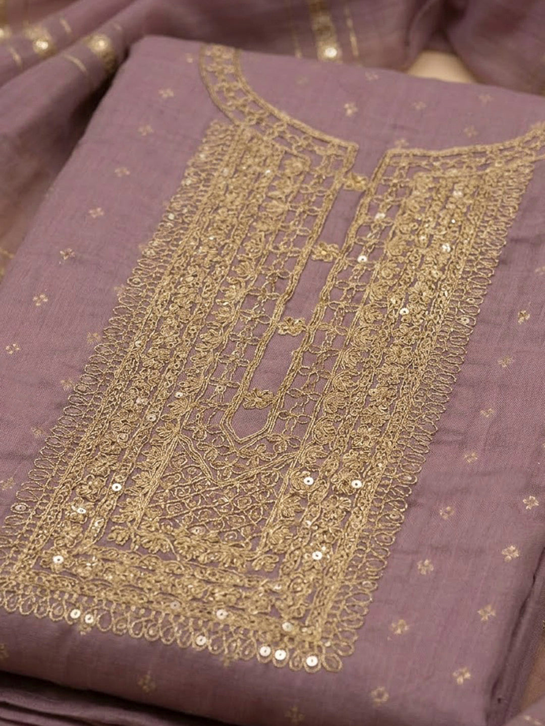 Purple Chanderi Embroidered Unstitched Dress Material