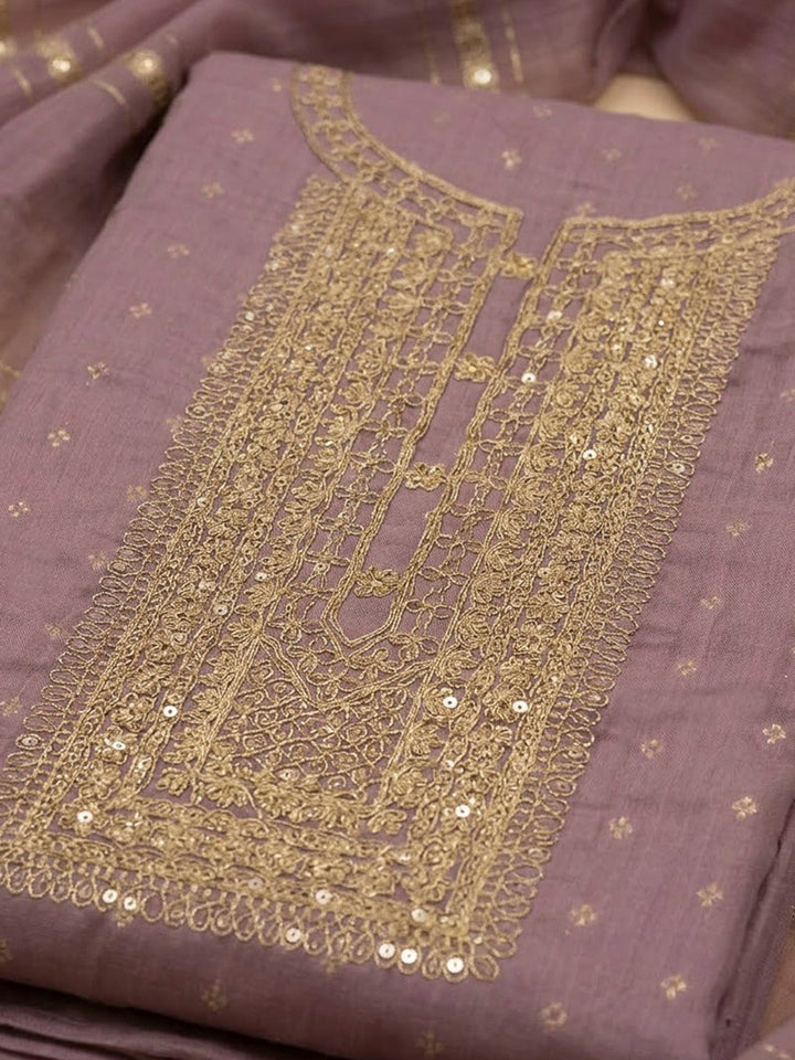 Purple Chanderi Embroidered Unstitched Dress Material