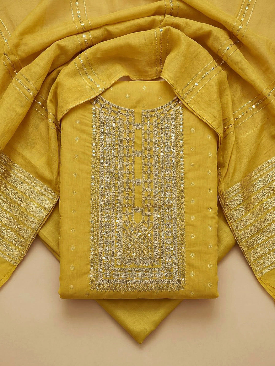 Yellow Chanderi Embroidered Unstitched Dress Material
