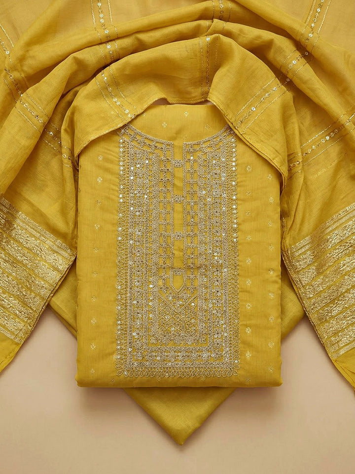 Yellow Chanderi Embroidered Unstitched Dress Material