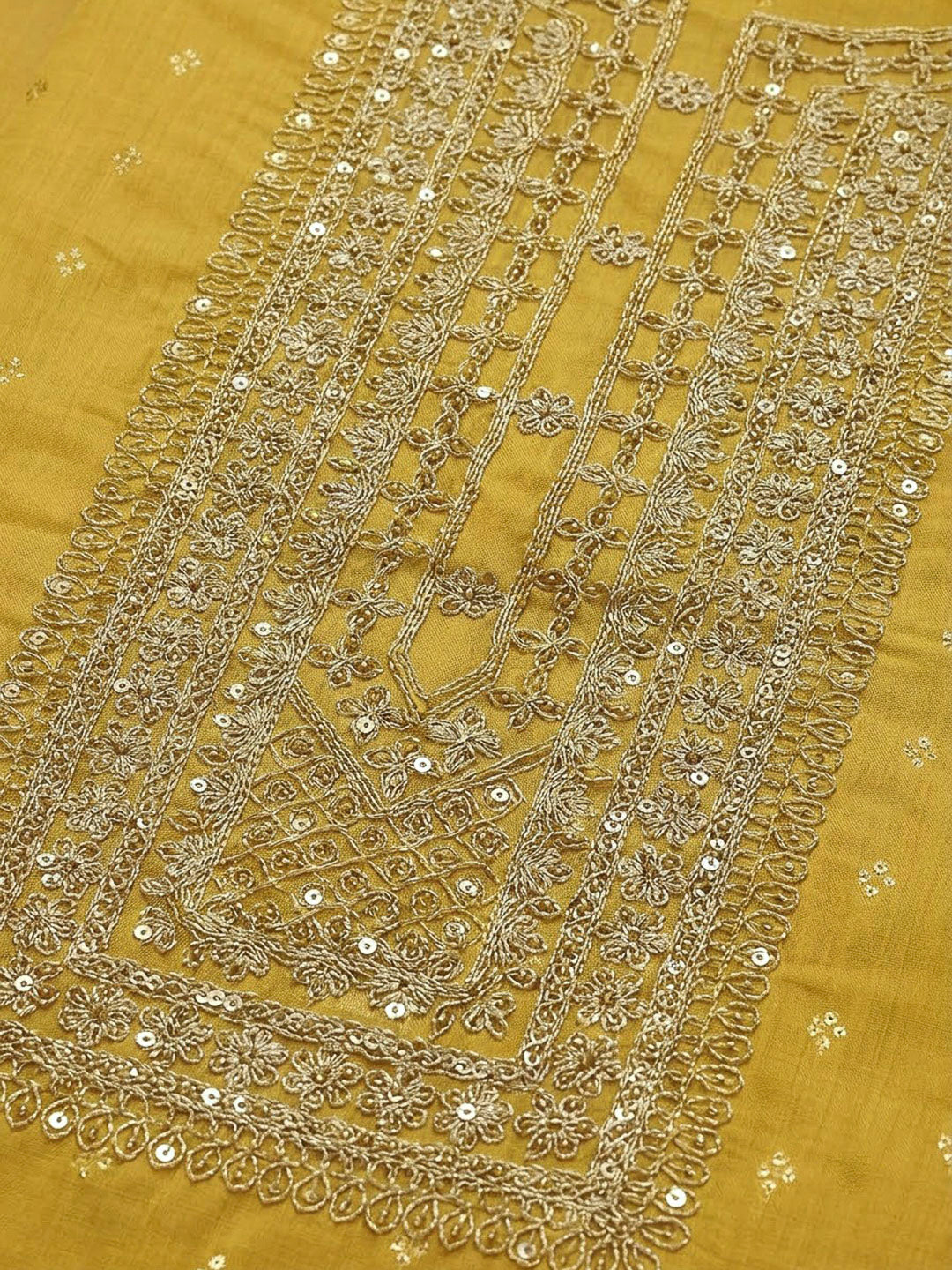Yellow Chanderi Embroidered Unstitched Dress Material