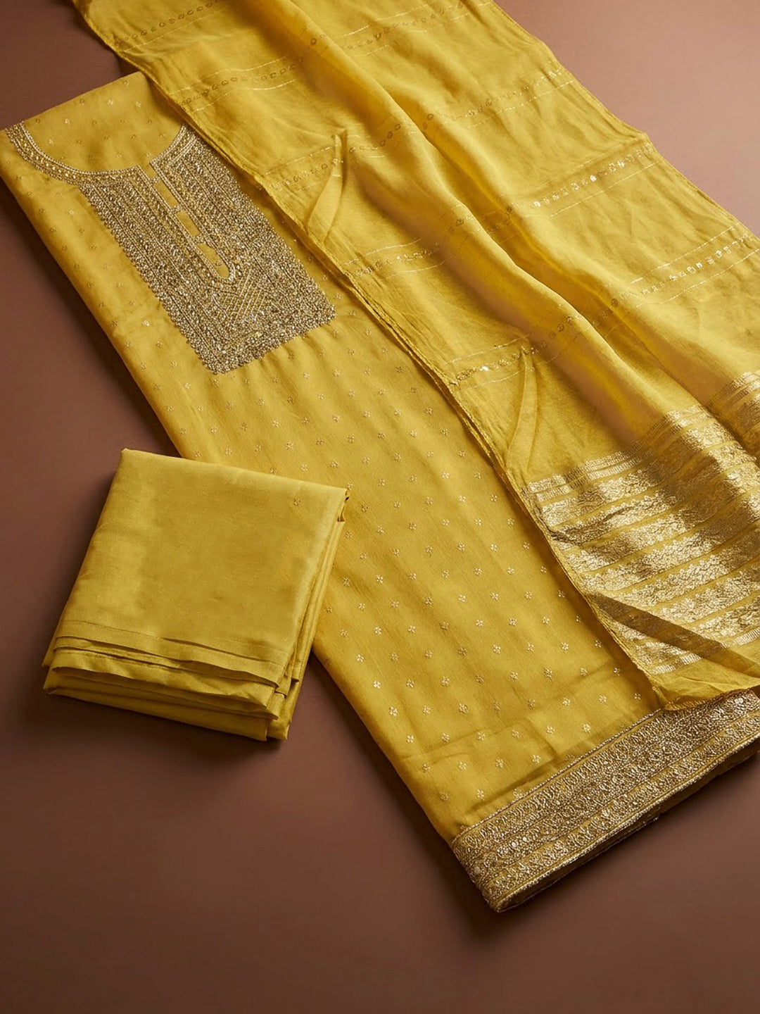 Yellow Chanderi Embroidered Unstitched Dress Material