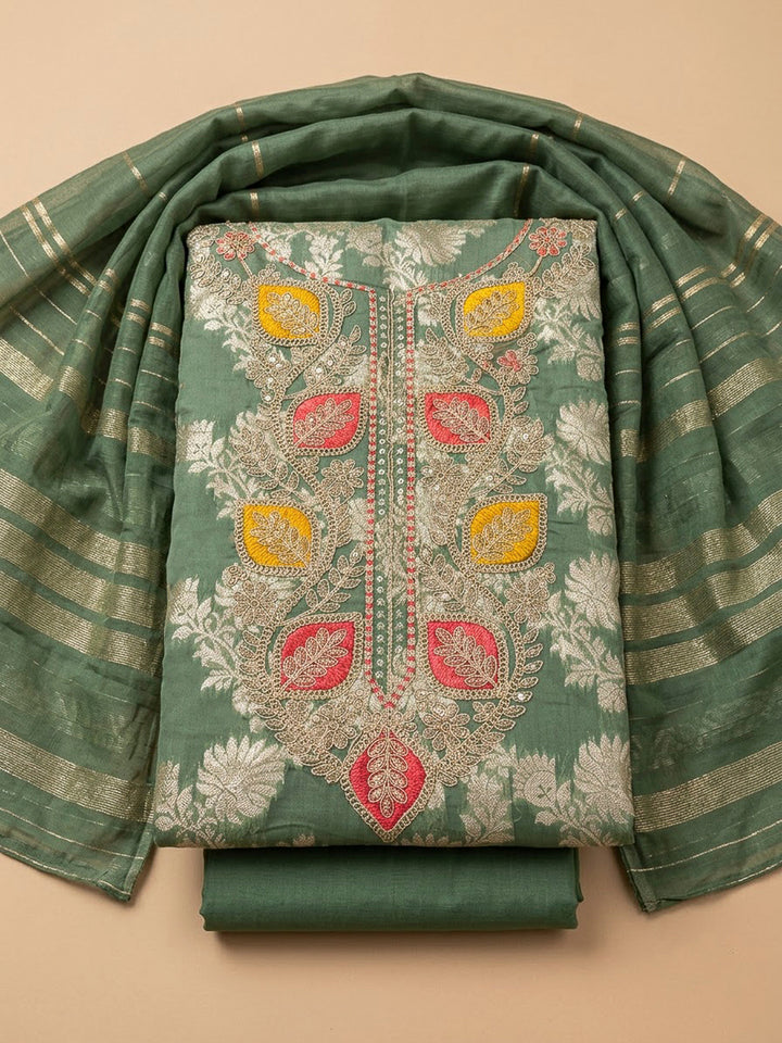 Aqua Green Chanderi Embroidered Unstitched Dress Material