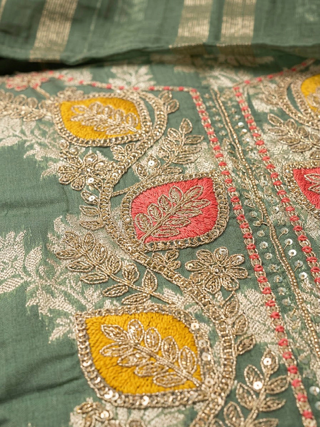 Aqua Green Chanderi Embroidered Unstitched Dress Material