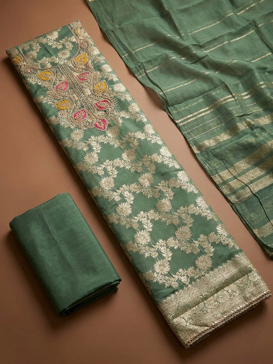 Aqua Green Chanderi Embroidered Unstitched Dress Material